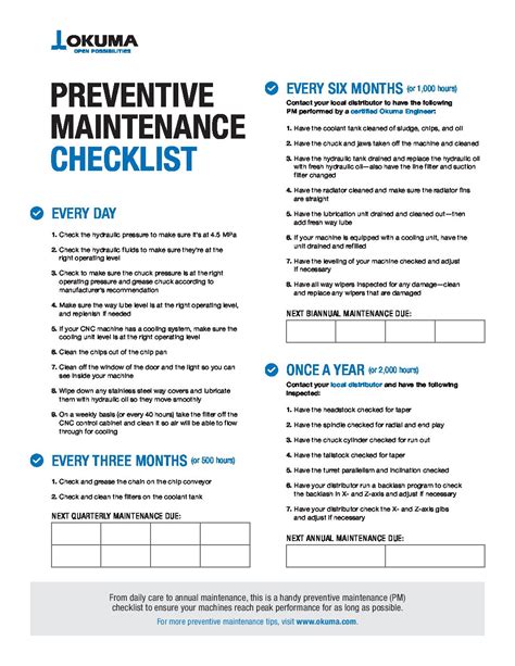 cnc machine tool preventative maintenance|okuma preventive maintenance checklist.